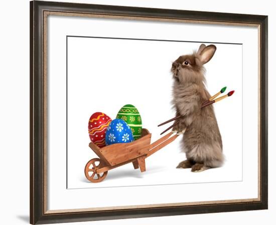 Funny Easter Bunny Rabbit With A Wheelbarrow And Some Easter Eggs-mdorottya-Framed Photographic Print