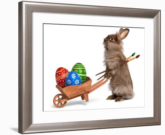 Funny Easter Bunny Rabbit With A Wheelbarrow And Some Easter Eggs-mdorottya-Framed Photographic Print