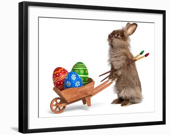 Funny Easter Bunny Rabbit With A Wheelbarrow And Some Easter Eggs-mdorottya-Framed Photographic Print