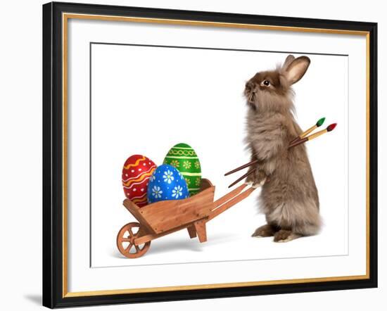 Funny Easter Bunny Rabbit With A Wheelbarrow And Some Easter Eggs-mdorottya-Framed Photographic Print