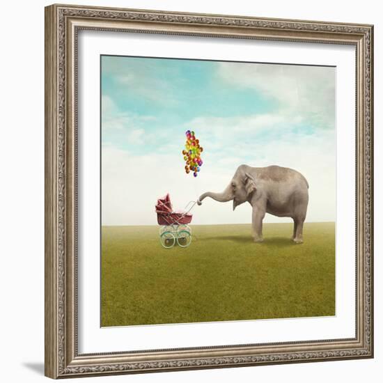 Funny Illustration with a Beautiful Elephant Leading Walking Her Child in a Wheelchair-Valentina Photos-Framed Photographic Print