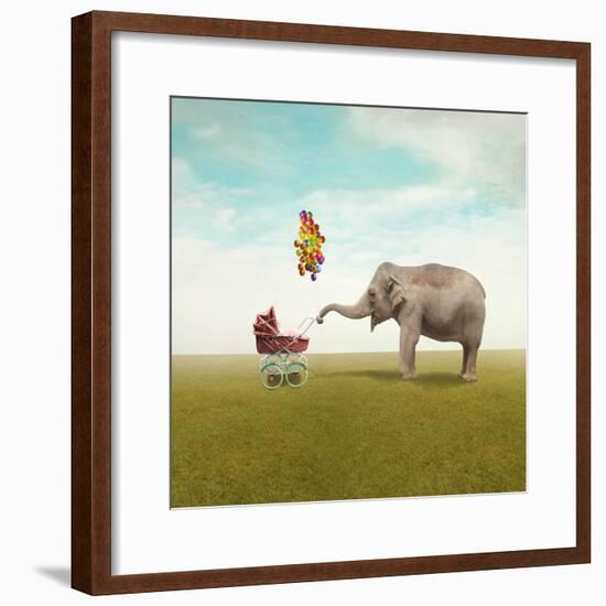 Funny Illustration with a Beautiful Elephant Leading Walking Her Child in a Wheelchair-Valentina Photos-Framed Photographic Print