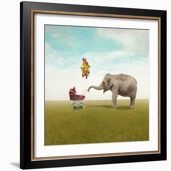 Funny Illustration with a Beautiful Elephant Leading Walking Her Child in a Wheelchair-Valentina Photos-Framed Photographic Print