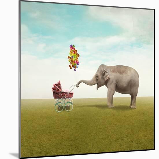 Funny Illustration with a Beautiful Elephant Leading Walking Her Child in a Wheelchair-Valentina Photos-Mounted Photographic Print