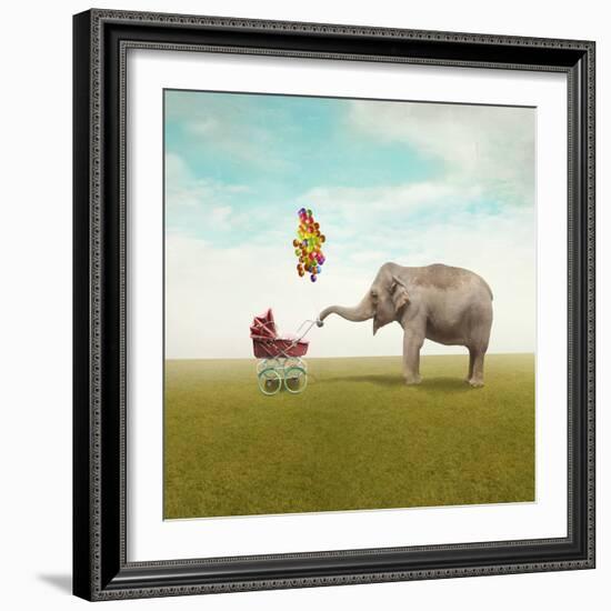 Funny Illustration with a Beautiful Elephant Leading Walking Her Child in a Wheelchair-Valentina Photos-Framed Photographic Print