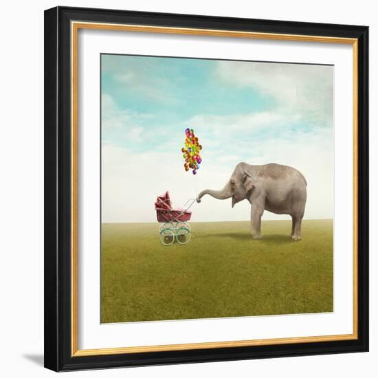 Funny Illustration with a Beautiful Elephant Leading Walking Her Child in a Wheelchair-Valentina Photos-Framed Photographic Print