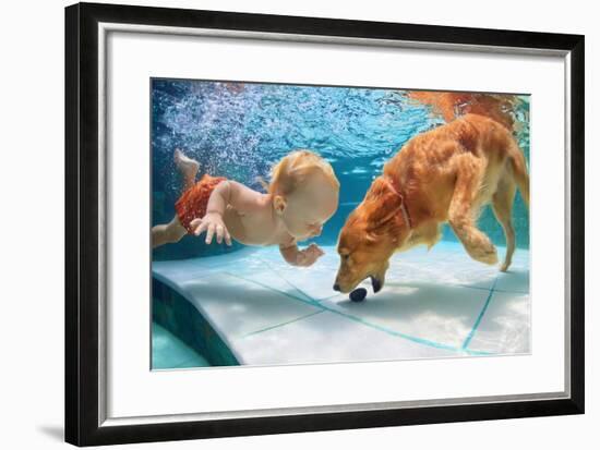 Funny Little Child Play with Fun and Train Golden Labrador Retriever Puppy in Swimming Pool, Jump A-Tropical studio-Framed Photographic Print