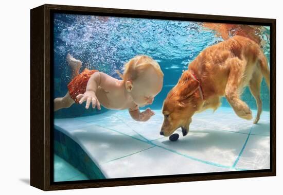 Funny Little Child Play with Fun and Train Golden Labrador Retriever Puppy in Swimming Pool, Jump A-Tropical studio-Framed Premier Image Canvas