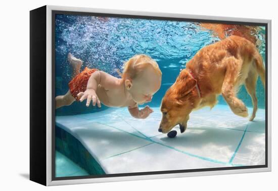 Funny Little Child Play with Fun and Train Golden Labrador Retriever Puppy in Swimming Pool, Jump A-Tropical studio-Framed Premier Image Canvas