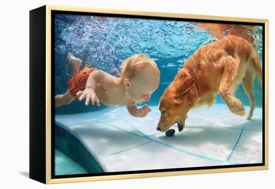 Funny Little Child Play with Fun and Train Golden Labrador Retriever Puppy in Swimming Pool, Jump A-Tropical studio-Framed Premier Image Canvas