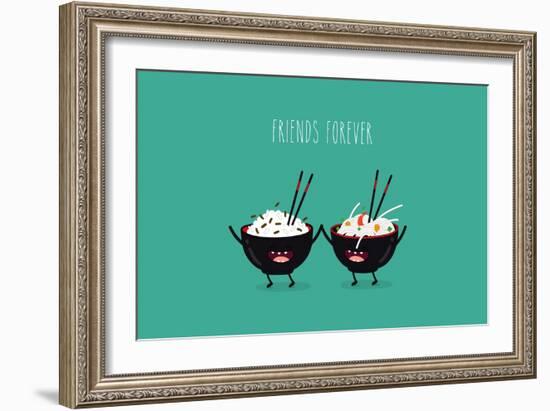 Funny Rice Noodles and Rice in Black Plates. Friend Forever. Vector Illustration. Comic Character-Serbinka-Framed Art Print