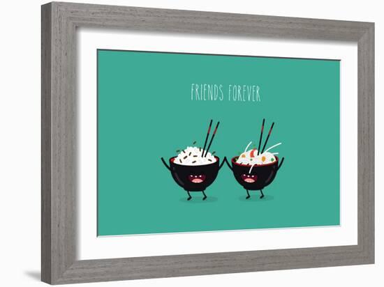 Funny Rice Noodles and Rice in Black Plates. Friend Forever. Vector Illustration. Comic Character-Serbinka-Framed Art Print