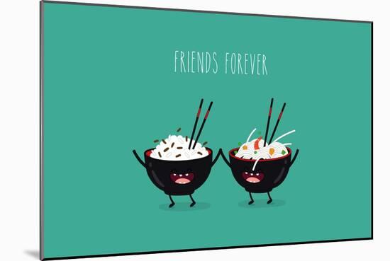 Funny Rice Noodles and Rice in Black Plates. Friend Forever. Vector Illustration. Comic Character-Serbinka-Mounted Art Print