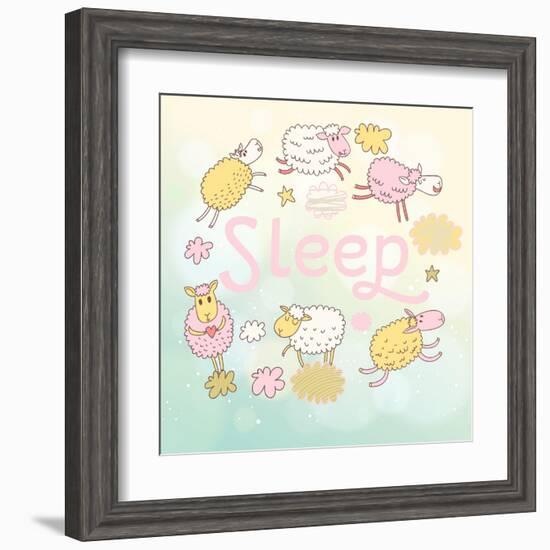 Funny Sheep on Clouds in Vector Card. Cartoon Childish Background. Sleeping Concept Illustration-smilewithjul-Framed Art Print