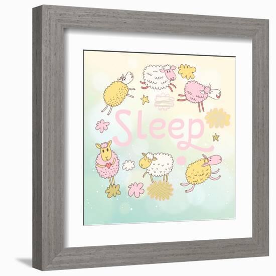 Funny Sheep on Clouds in Vector Card. Cartoon Childish Background. Sleeping Concept Illustration-smilewithjul-Framed Art Print