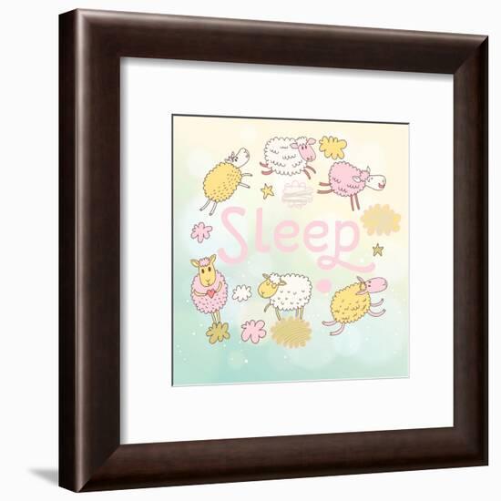 Funny Sheep on Clouds in Vector Card. Cartoon Childish Background. Sleeping Concept Illustration-smilewithjul-Framed Art Print