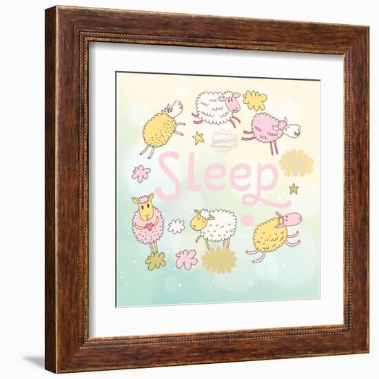 Funny Sheep on Clouds in Vector Card. Cartoon Childish Background. Sleeping Concept Illustration-smilewithjul-Framed Art Print