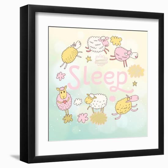 Funny Sheep on Clouds in Vector Card. Cartoon Childish Background. Sleeping Concept Illustration-smilewithjul-Framed Art Print