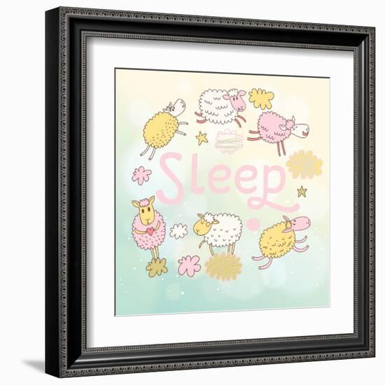 Funny Sheep on Clouds in Vector Card. Cartoon Childish Background. Sleeping Concept Illustration-smilewithjul-Framed Art Print