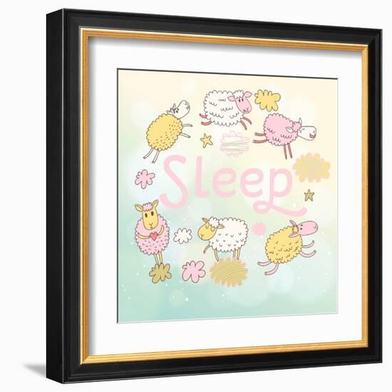Funny Sheep on Clouds in Vector Card. Cartoon Childish Background. Sleeping Concept Illustration-smilewithjul-Framed Art Print