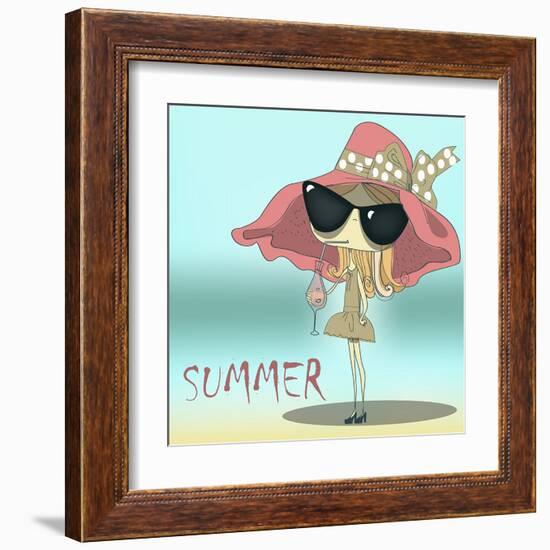 Funny Summer Girl Drinking the Cocktail.-Elena Barenbaum-Framed Art Print