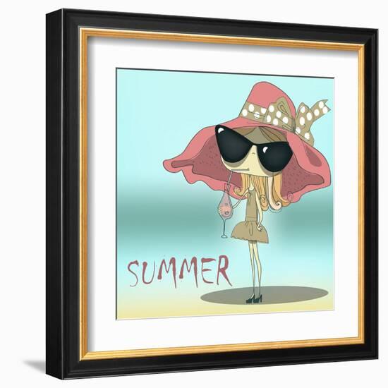 Funny Summer Girl Drinking the Cocktail.-Elena Barenbaum-Framed Art Print