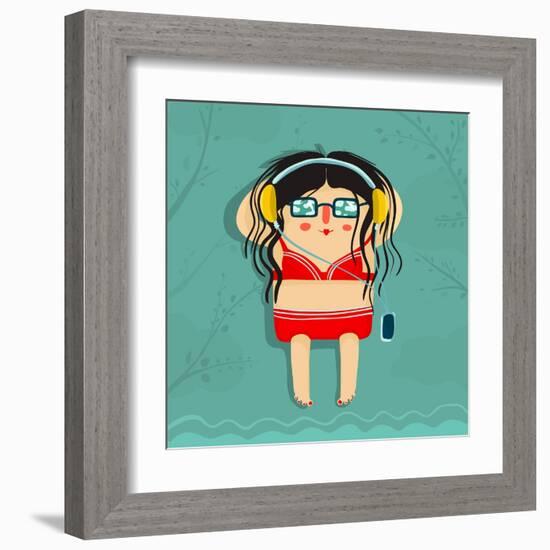 Funny Sunburning Girl Listening to Music. Summer Sea Recreation Illustration. Vector Eps8.-Popmarleo-Framed Art Print