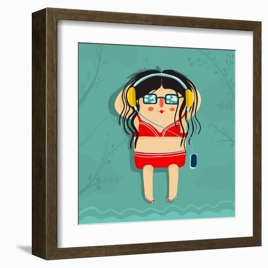 Funny Sunburning Girl Listening to Music. Summer Sea Recreation Illustration. Vector Eps8.-Popmarleo-Framed Art Print