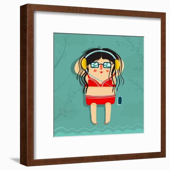 Funny Sunburning Girl Listening to Music. Summer Sea Recreation Illustration. Vector Eps8.-Popmarleo-Framed Art Print