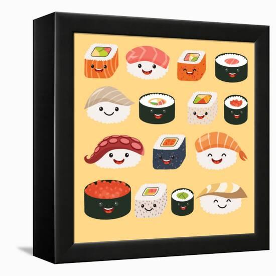 Funny Sushi Characters. Funny Sushi with Cute Faces. Sushi Roll and Sashimi Set. Happy Sushi Charac-coffeee_in-Framed Stretched Canvas