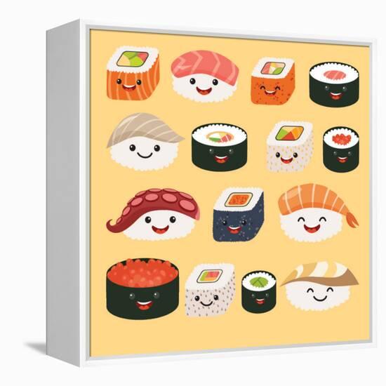 Funny Sushi Characters. Funny Sushi with Cute Faces. Sushi Roll and Sashimi Set. Happy Sushi Charac-coffeee_in-Framed Stretched Canvas