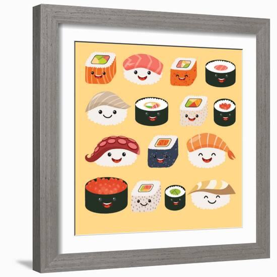 Funny Sushi Characters. Funny Sushi with Cute Faces. Sushi Roll and Sashimi Set. Happy Sushi Charac-coffeee_in-Framed Art Print