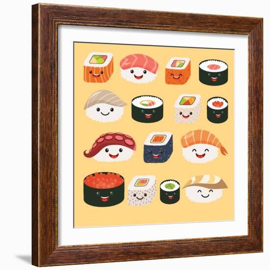 Funny Sushi Characters. Funny Sushi with Cute Faces. Sushi Roll and Sashimi Set. Happy Sushi Charac-coffeee_in-Framed Art Print