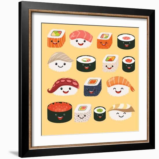 Funny Sushi Characters. Funny Sushi with Cute Faces. Sushi Roll and Sashimi Set. Happy Sushi Charac-coffeee_in-Framed Art Print