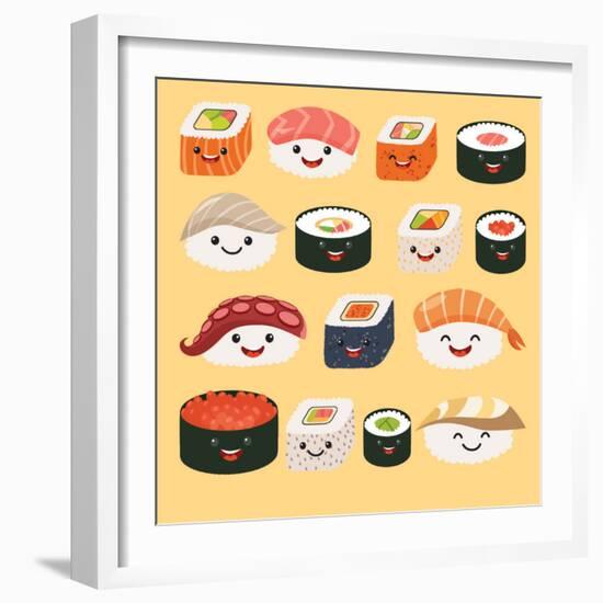 Funny Sushi Characters. Funny Sushi with Cute Faces. Sushi Roll and Sashimi Set. Happy Sushi Charac-coffeee_in-Framed Art Print