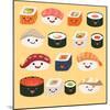 Funny Sushi Characters. Funny Sushi with Cute Faces. Sushi Roll and Sashimi Set. Happy Sushi Charac-coffeee_in-Mounted Art Print