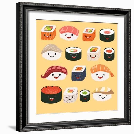 Funny Sushi Characters. Funny Sushi with Cute Faces. Sushi Roll and Sashimi Set. Happy Sushi Charac-coffeee_in-Framed Art Print