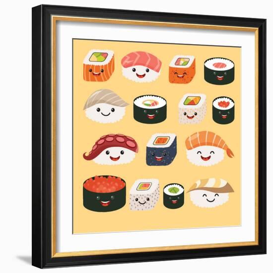 Funny Sushi Characters. Funny Sushi with Cute Faces. Sushi Roll and Sashimi Set. Happy Sushi Charac-coffeee_in-Framed Art Print