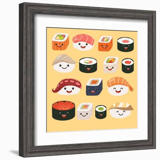 Funny Sushi Characters. Funny Sushi with Cute Faces. Sushi Roll and Sashimi Set. Happy Sushi Charac-coffeee_in-Framed Art Print