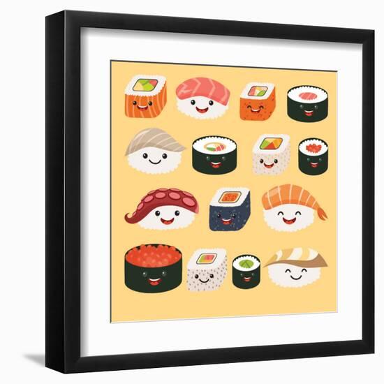 Funny Sushi Characters. Funny Sushi with Cute Faces. Sushi Roll and Sashimi Set. Happy Sushi Charac-coffeee_in-Framed Art Print