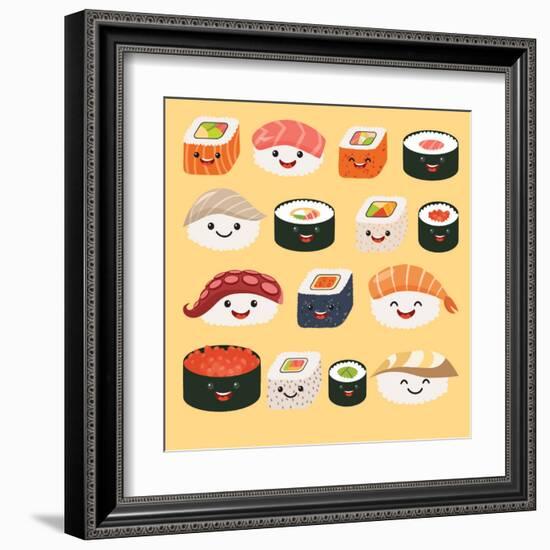 Funny Sushi Characters. Funny Sushi with Cute Faces. Sushi Roll and Sashimi Set. Happy Sushi Charac-coffeee_in-Framed Art Print