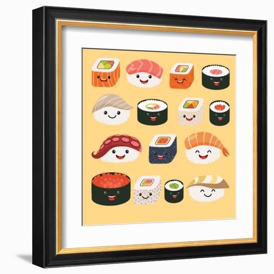 Funny Sushi Characters. Funny Sushi with Cute Faces. Sushi Roll and Sashimi Set. Happy Sushi Charac-coffeee_in-Framed Art Print
