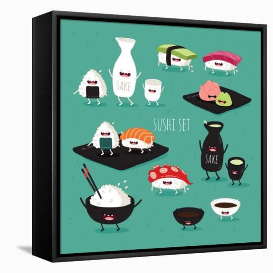 Funny Sushi Set. Bottle of Sake, Sushi, Rice, Soy Sauce. Vector Illustration.-Serbinka-Framed Stretched Canvas