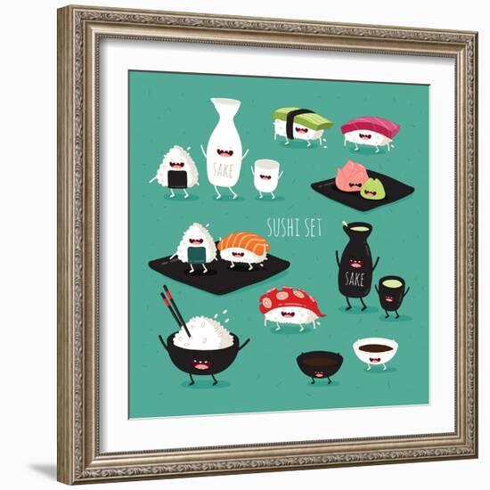 Funny Sushi Set. Bottle of Sake, Sushi, Rice, Soy Sauce. Vector Illustration.-Serbinka-Framed Art Print