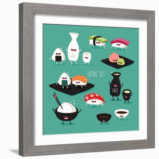 Funny Sushi Set. Bottle of Sake, Sushi, Rice, Soy Sauce. Vector Illustration.-Serbinka-Framed Art Print