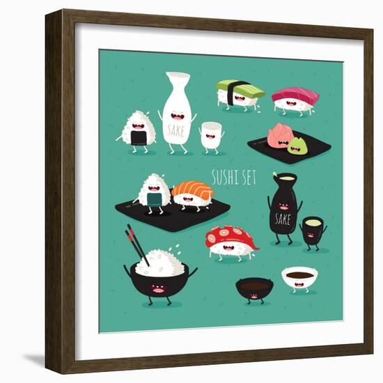 Funny Sushi Set. Bottle of Sake, Sushi, Rice, Soy Sauce. Vector Illustration.-Serbinka-Framed Art Print