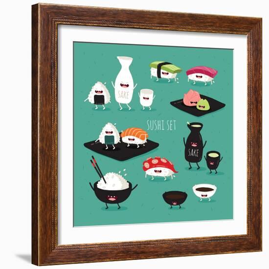 Funny Sushi Set. Bottle of Sake, Sushi, Rice, Soy Sauce. Vector Illustration.-Serbinka-Framed Art Print