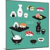 Funny Sushi Set. Bottle of Sake, Sushi, Rice, Soy Sauce. Vector Illustration.-Serbinka-Mounted Art Print