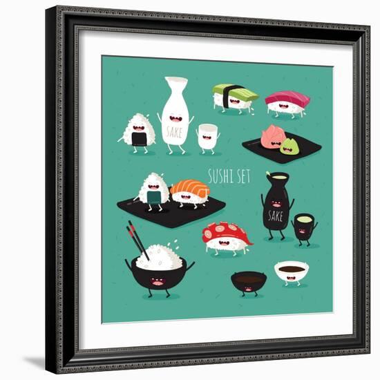 Funny Sushi Set. Bottle of Sake, Sushi, Rice, Soy Sauce. Vector Illustration.-Serbinka-Framed Art Print