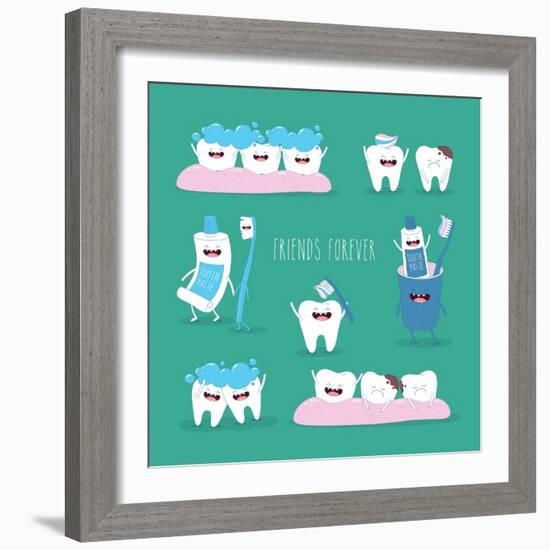 Funny Teeth Set Consisting of Toothpaste and Toothbrush Who are Friends Forever. Vector Illustratio-Serbinka-Framed Art Print